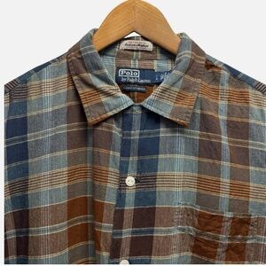 Polo Ralph Lauren Indian Madras Shirt Men Large Blue Brown Plaid Classic Fit